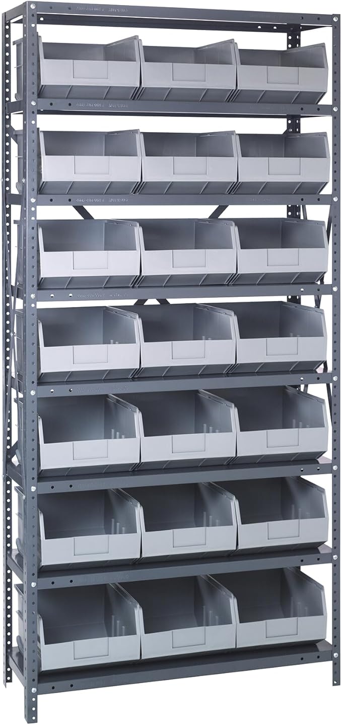 Quantum 1275-425GY Heavy Duty Shelving Unit with (8) Shelves and (21) SSB425 Gray Bins for Garage Warehouse Storage Distribution | 400 lb Load Capacity | 12"D x 36"L x 75"H, Galvanized Carbon Steel