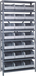 Quantum 1275-445GY Heavy Duty Shelving Unit with (8) Shelves and (21) SSB445 Gray Bins for Garage Warehouse Storage Distribution | 400 lb Load Capacity | 12"D x 36"L x 75"H, Galvanized Carbon Steel