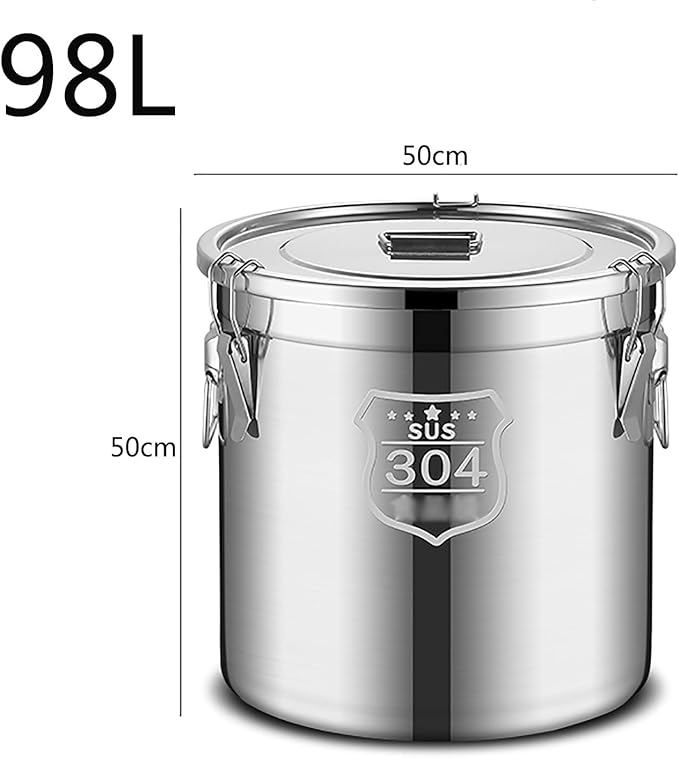 Stockpots 304 Stainless Steel Sealed Storage Bucket with Lid, Double Seal, Commercial Large-Capacity, Moisture-Proof,Leak-Proof (Size : 50cm50cm(98L)) ()