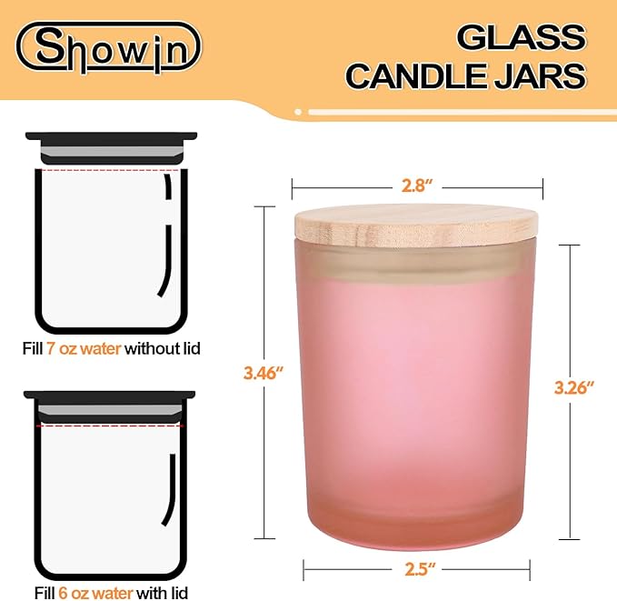 SHOWIN Thick Candle Jars for Making Candles 12 Pcs, 7 OZ Empty Jars with Wood Lids for Candle Making, Sample Container, Frosted Pink
