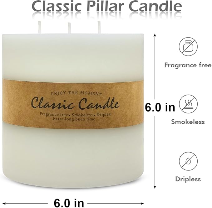 Large 3-Wick Ivory Pillar Candle - 6x6 Inch Dripless & Smokeless Unscented Fat Candle, 120 Hour Long Burning Hand-Poured Thick Candle with Cotton Wicks