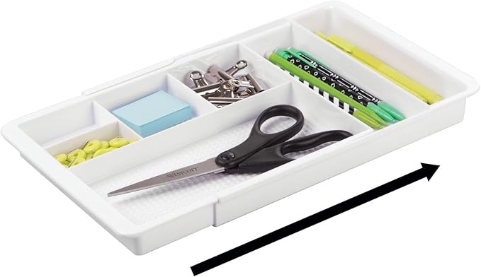 mDesign Expandable Plastic Drawer Organizer and Storage Container for Office Supplies - Gel Pen Pencil, Marker, Stationary, Desk Supply Holder for Drawers and Desktop - Lumiere Collection - White