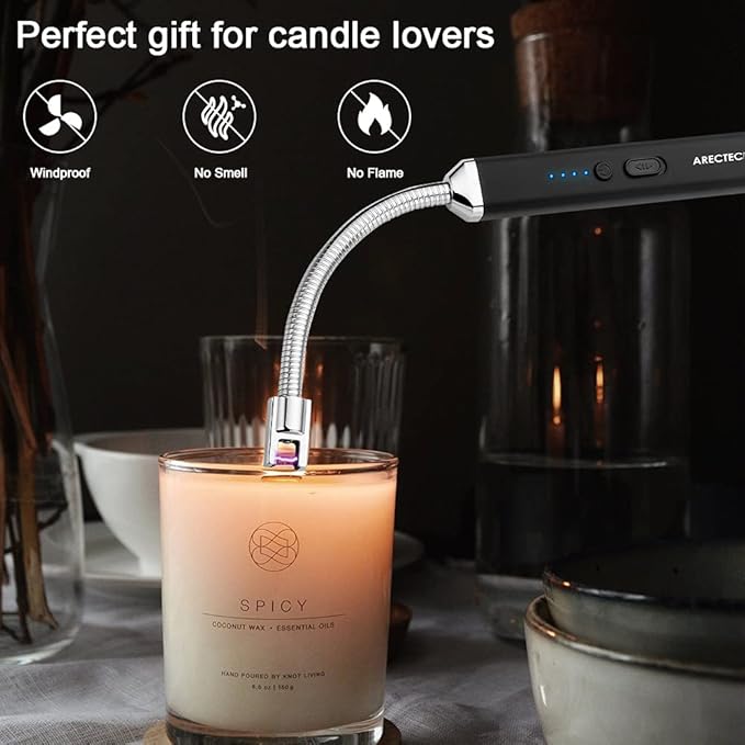 ARECTECH Electric Arc Candle Lighter Flameless Rechargeable USB Long Lighters for Candle Cooking BBQs Fireworks Black 2 Pack
