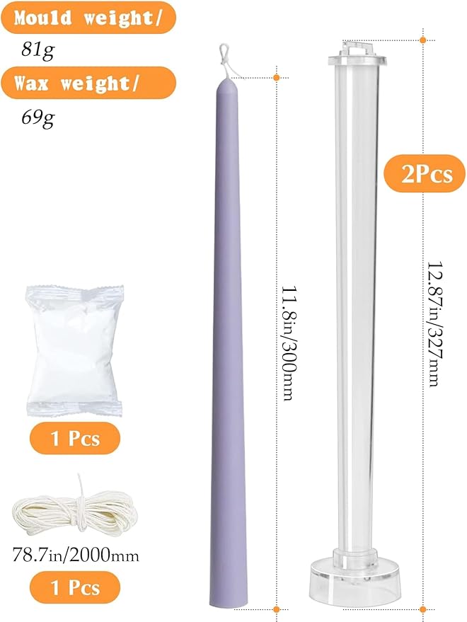 2-Pack Taper Candle Molds for Candle Making, Clear Plastic Pillar Candlestick Candle Mold,Classic Tall Taper Mold for Church Christmas Candlelight Dinner Valentine's Day (12.87inch)