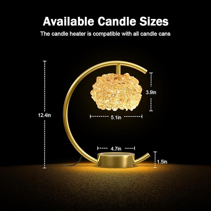 Yeuslor Bronze Candle Warmer Lamp for Jar Candles with Adjustable Brightness＆Timer，Handcrafted Crystal＆Wooden Base,Candle Lamp Luxurious Design+2Bulbs,Home Decoration Electric Candle lamp(C-Shaped)