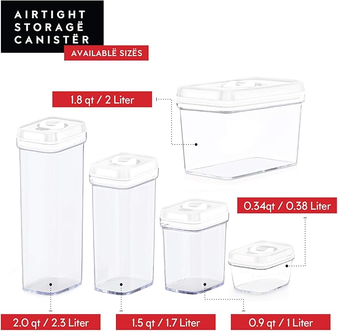 DWËLLZA KITCHEN Airtight Food Storage Containers with White Lids 2L - 4 Pc Clear Plastic Pantry Snacks Kitchen Container, Baking Supplies, 4LB Sugar & Flour Canister BPA-Free