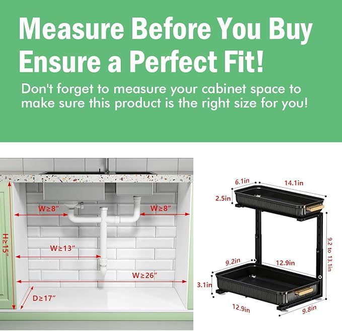 Under Sink Organizer - 2 Packs Multi-Purpose Pull-Out Storage Organizers, Slide out Pull out Cabinet Organizer Shelf, Storage for Kitchen Bathroom, Black