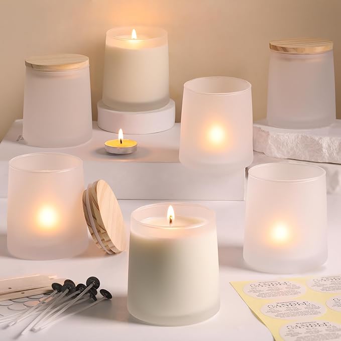 DARJEN 12 Pack Frosted White Candle Jars for Making Candles- 9 OZ Empty Glass Candle Making Jars with Making Kits, Candle Making Supplies Candle Containers for Home DIY & GIFS