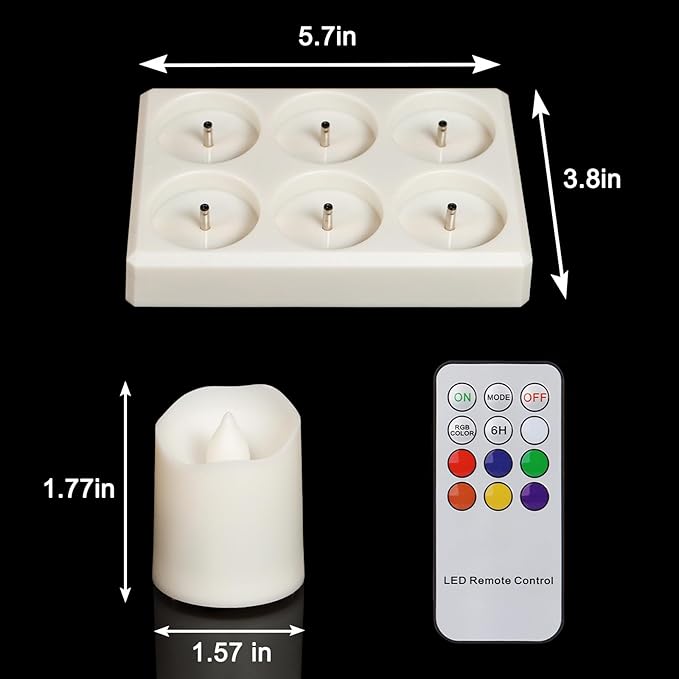 6pcs Rechargeable LED Tea Lights Color Changing with Charging Base, Flameless Votive Candles RGB Flickering with Remote and Timer, Electric Fake Candles, USB Cable Included