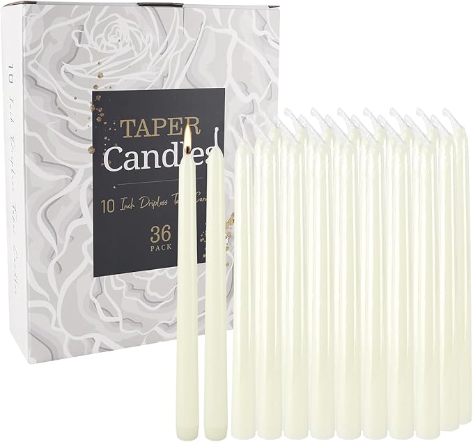 36 Pack Ivory 10-Inch Taper Candles - Premium Dripless, Smokeless & Unscented for Wedding Decor, Romantic Dinner, Party & Home - Long Burning Hand-Poured Tall Candles with Clean Finish