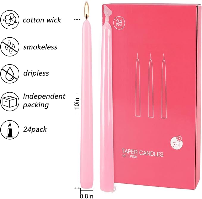 24-Pack 10 Inch Pink Taper Candles, Dripless & Unscented Decorative Candlesticks for Weddings, Romantic Dinners – Long-Burning for Centerpieces, Valentine's, Birthdays, Bridal Showers & Home Decor