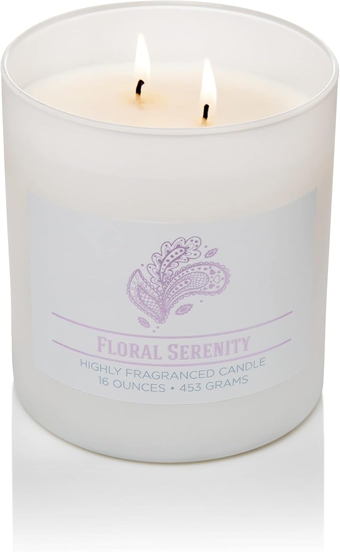 Carolina Floral Serenity Scented Candle, 16 oz Wellness Relaxing Aromatherapy Candle, 2 Wick White Jar Soy Blend Wax, Candles for Home, 60H Burn - Made in The USA
