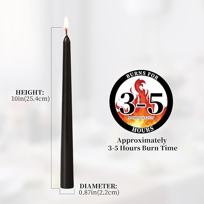 KONNI 0.87×10 Inch Black Taper Candles, Unscented and Smokeless Tall Candlesticks, 10 Pack Halloween Taper Candles with Cotton Wicks, Long Burning, Ideal for Weddings, Dinner Parties, and Home Décor