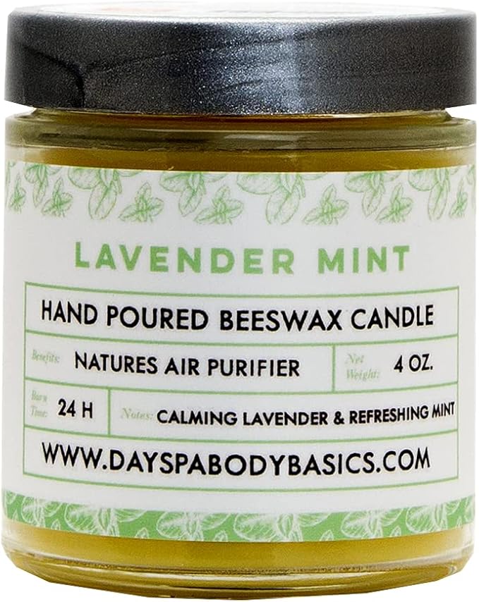 Lavender Mint Hand-Poured Beeswax Candle - All-Natural Essential Oil Scented, Cotton Braided Wick, Smokeless, Non-Toxic Handmade in USA by DAYSPA Body Basics