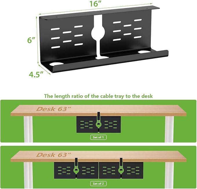 KEEGH 16" Under Desk Cable Management Tray, 2 Pack Desk Cord Organizer Upgrade Capacity, No Drill Clamp/Screws Mount, Cord Management Tray for Home Office, Gaming Desk, Standing Desk, Black
