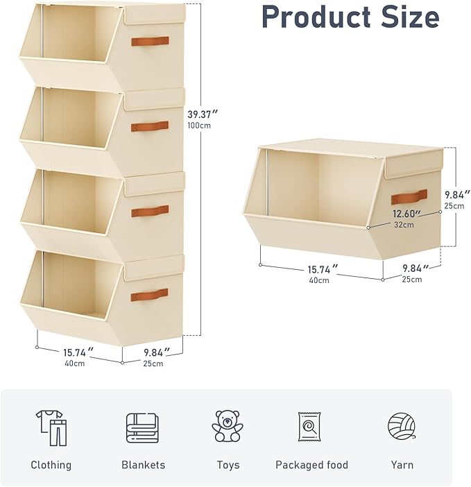 Stackable Closet Organizers and Storage Bins, Open Front Closet Shelf Organizer System With Steel Frame, Clothes Storage Basket Fabric, Collapsible Closet Drawers for Wardrobe, Nursery ,Toy, 4 Pack