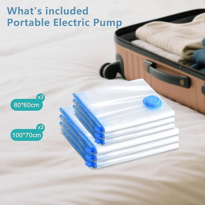 Vacuum Storage Bags with Electric Pump, Travel Vacuum Bags,Space Saver Vacuum Storage Bags，Vacuum Seal Bags for Clothes, Bedding,Blankets,Duvets, Pillows (6 Pack)