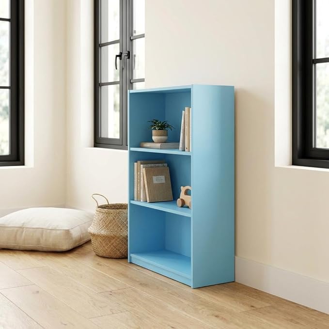 Furnifact Light Blue 3-Tier Adjustable Shelf Bookcase, Made of Wood, Modern Design, Versatile Storage, Easy Assembly