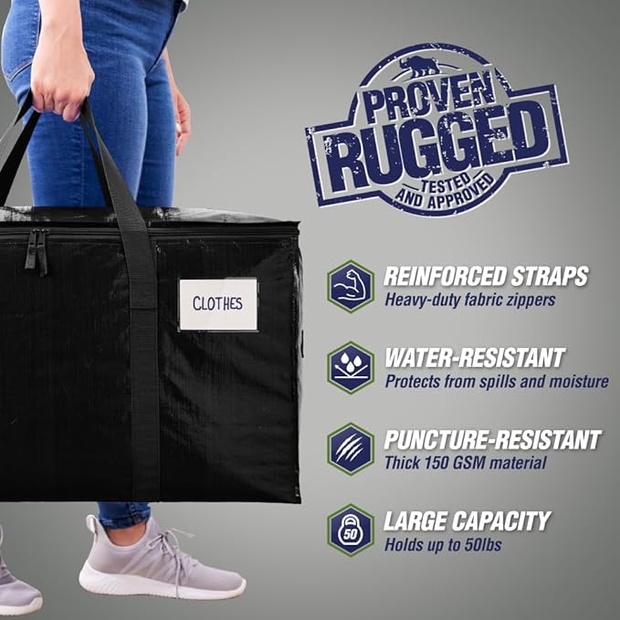 RUGGED RHINO 4 Pack Heavy Duty Extra Large Moving Bags, Durable Bag with Strong Handles and Zipper, Moving Boxes Alternative for College Packing, Holiday Décor, Space Saving Storage with Label, Black