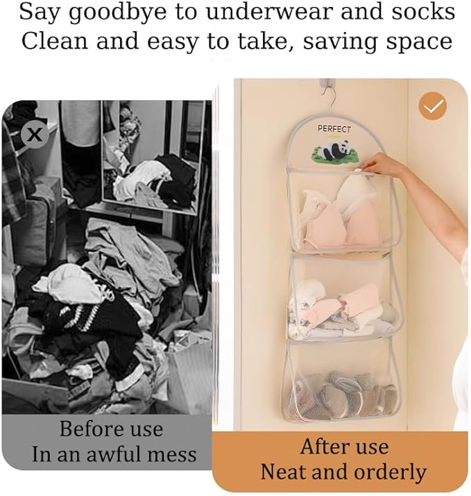 MIUPOO Multi Purpose Multi Layer Mesh Storage Hanging Bag,Hanging Storage with Metal Hanger Mesh Pockets for Bra Underwear Socks,Pockets Hang Store Bag for Door Wall Closet