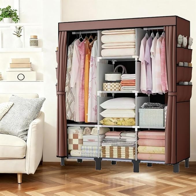 Portable Wardrobe, Easy Hanging Closet 6 Side Pockets Large Capacity Clothes Organizer Comes with 2 Hanging Poles and Storage Shelves, Width 130cm, Depth 45cm, Height 172cm (Coffee)