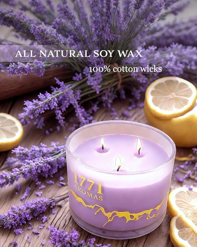 Lemon Lavender Scented Candles - 100% Natural Soy Wax - Large 3 Wick Jar Candle - Up to 50 Hours Burning Time - Candles for Home - Gift-Ready Candle for Men & Women - Aromatherapy