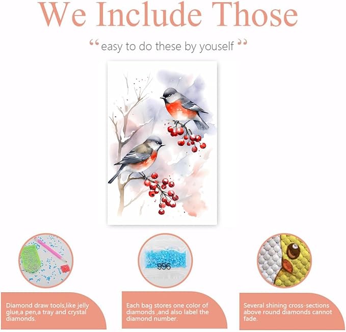 GUAIEUW Red Fruit Red Bird Diamond Painting Kit for Adults, Full Round Diamond Cardinal Bird 5D Diamond Painting DIY Art Crafts for Winter Home Wall Decor Holiday Gift 20x24 Inch