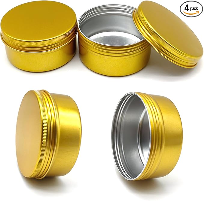 4pcs 250ml Round Lip Balm Tin Cans, 250 Gram Aluminum Tins Gold Cosmetic Sample Containers with Screw Lid, 250g Metal Empty Storage Travel Jars for Salves, Lip Balms, Face Cream, Candle, Tea