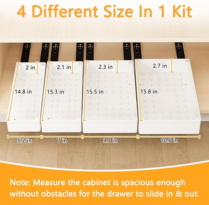 4 Pack Pull Out Cabinet Organizer, 15.8'' Deep Pull Out Drawers for Cabinets with Metal Slides, Slide Out Drawers for Kitchen Fixed with Nano Adhesive, Roll out Shelves for Bathroom, Pantry (White)