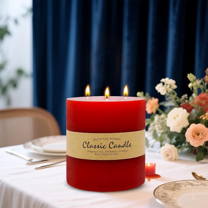 Large 3-Wick Red Pillar Candle - 6x6 Inch Dripless & Smokeless Unscented Fat Candle, 120 Hour Long Burning Hand-Poured Thick Candle with Cotton Wicks
