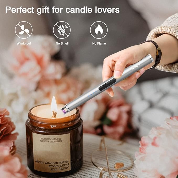 ARECTECH Rechargeable Electric Candle Lighter Arc Plasma Windproof Lighter for Candle Christmas Kitchen Birthday Gift for Mom Men Wife with Type-C Cable Silvery