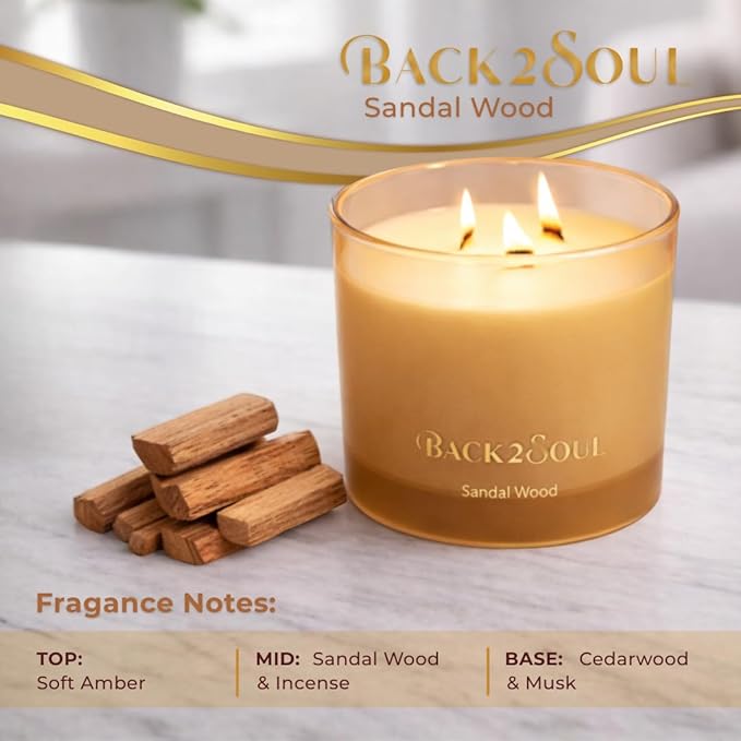 Non Toxic Candles 13.4 oz 50 Hours Burn Time, Scented Soy Candles, Clean Burning, Safe Non Toxic Design (Sandal Wood)