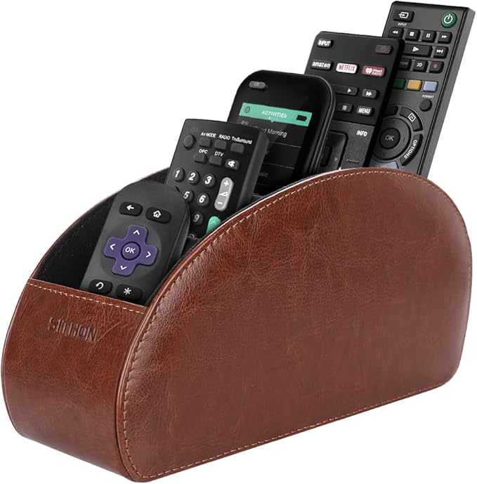 SITHON Remote Control Holder with 5 Compartments - PU Leather Remote Caddy Desktop Organizer Store TV, DVD, Blu-Ray, Media Player, Heater Controllers, Brown