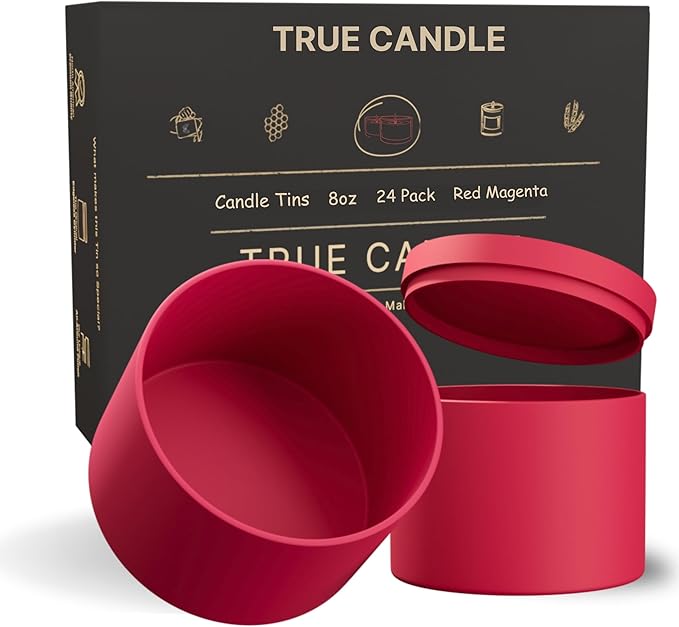 True Candle Tins for Making Candles - 24 Pack of 8 oz Black Candle Containers Bulk 8oz - Empty tins with lids for Candles - Premium Metal Jars, DIY Vessels | Painted Outside and Inside | RED