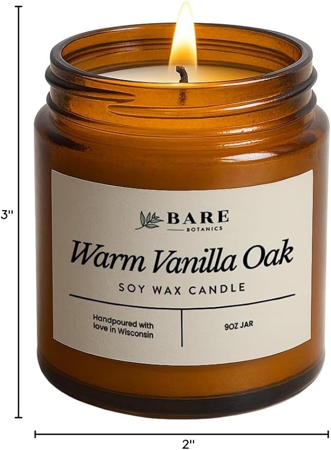 Bare Botanics Warm Vanilla Oak 9oz Soy Candle - 100% Plant-Based Fragrance Oils - Premium, Non-Toxic Candle - Softly Scented Natural Soy Wax - Handpoured in WI - 40 Hrs Long Burning & Ready to Gift