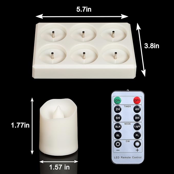 6pcs LED Tea Lights Rechargeable with Charging Base and USB Cable, Flameless Votive Candles Flickering with Remote and Timer, Electric Fake Candles Warm White