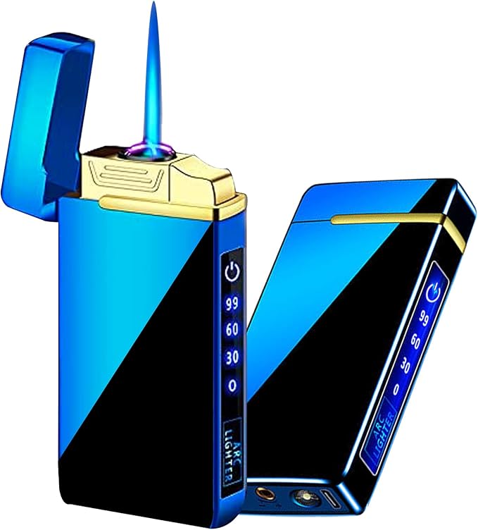 Arc Electric and Refillable Butane Jet Flame Torch Lighter 2 in 1, USB Rechargeable with LED Lighting Windproof for Fire, BBQs, Fireworks, Candle, Camping, Outdoor (Blue Ice)