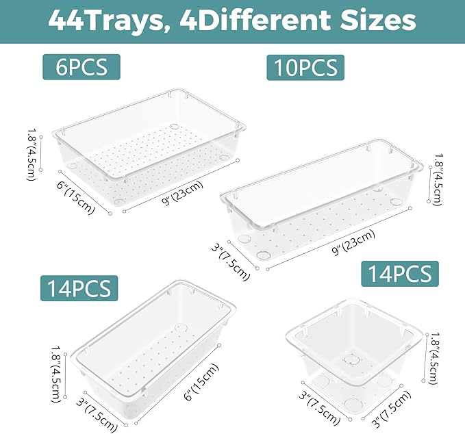 WOWBOX 44 PCS Clear Plastic Drawer Organizer Set, 5 Varied Size storage Bins and Desk Drawer Organizer Tool Trays for Makeup, Gadgets, Jewelry and Utensils in Bathroom, Bedroom and Office, Clear