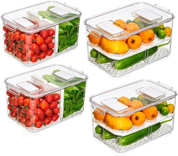 Slideep Food Storage Containers, 2 Tier Stackable Fridge Produce Saver with Lids, Removable Drain Tray Drawers Refrigerator Produce Keeper with Strainer for Veggie, Berry, Fruits, Vegetables 4 Pack