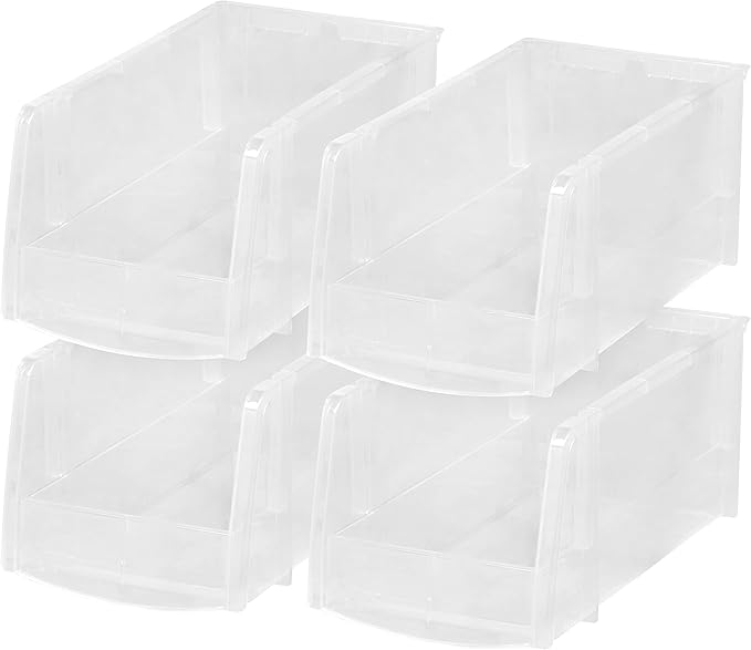 IRIS USA Clear Plastic Stackable Storage Bins, Medium- 4 Pack, Open Front Fridge Pantry Kitchen Closet Cabinet Bathroom Organizer Basket for Organizing Snack, Cans, Office Supplies, and Coffee Pods