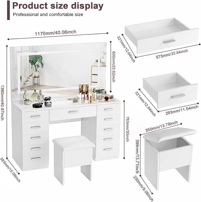 Vanity Desk with Mirror and Lights, 50" Makeup Vanity with Glass Top & Power Outlet, White Vanity with 11 Drawers & 8 Hidden Storage Shelves, 3 LED Lighting Modes Adjustable for Bedroom (WHITE)