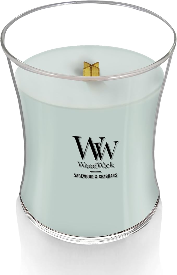 WoodWick Sagewood & Seagrass Gifts for Women and Men, 9.7 oz Medium Hourglass Candle with Crackling Wick