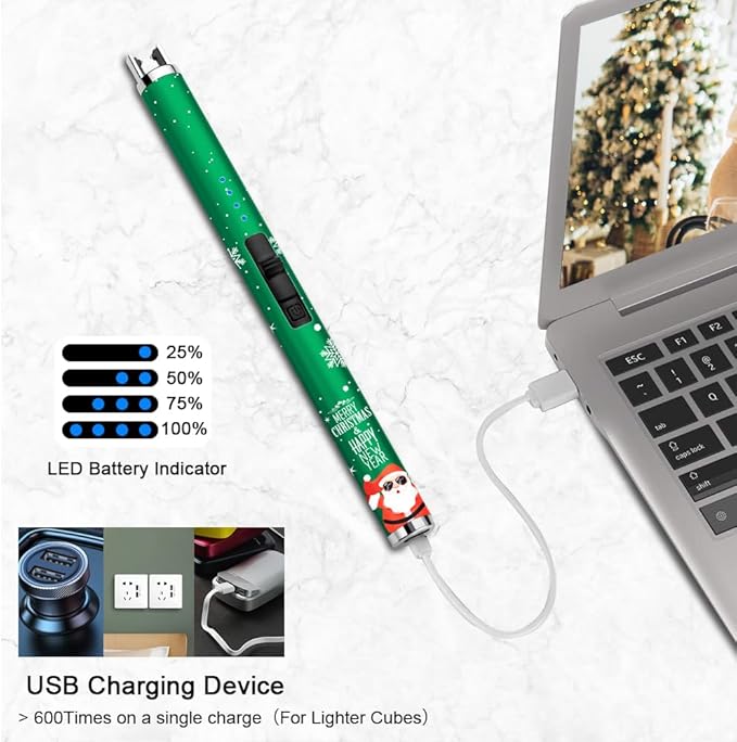 SUPRUS Electric Candle Lighter USB Lighter with Upgraded LED Battery Display Safety Switch Rechargeable Flameless Plasma Windproof Pocket Size for Candle Cooking BBQs Fireworks (Christmas Green)