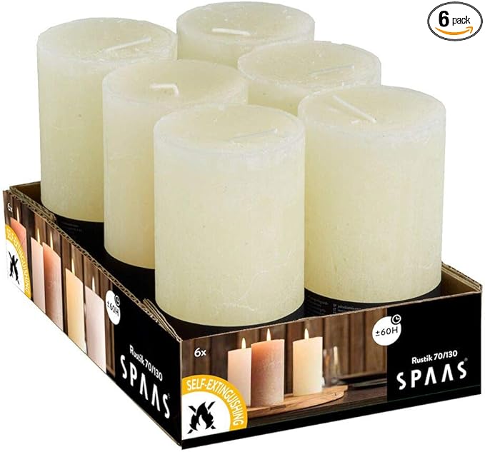 Spaas 6 Unscented Rustic Pillar Candles, Paraffin Wax Ivory, D 70 mm x H 130 mm