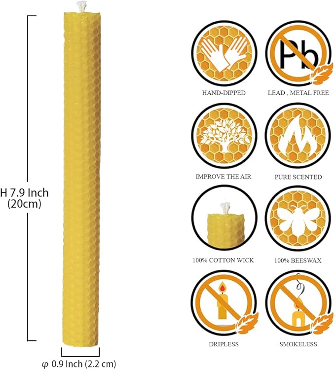 DEYBBY Handmade Beeswax Taper Candles, Dripless Wax Candles, Hand-Rolled Honeycomb Candles for Dinner Party, Set of 12 Flat Top（Brown Raw）