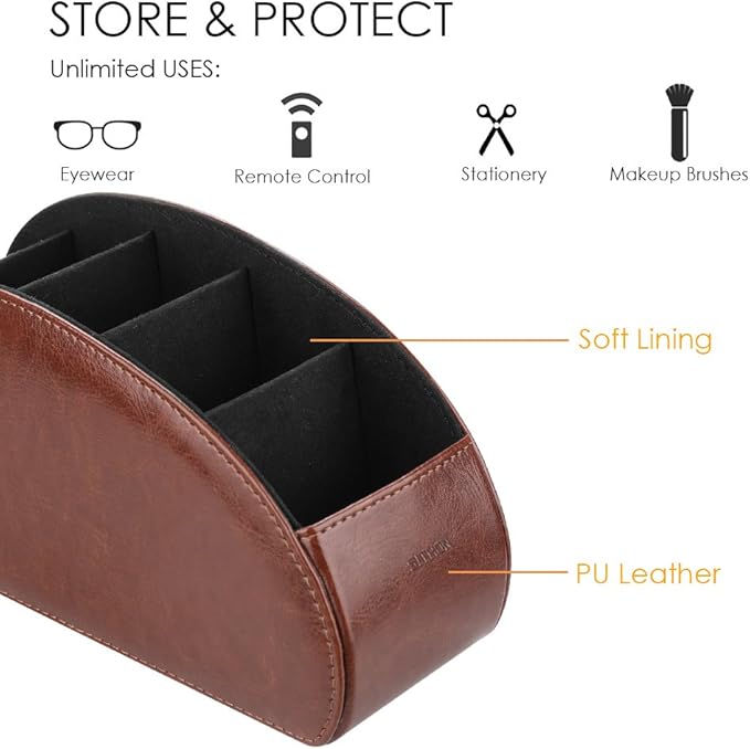 SITHON Remote Control Holder with 5 Compartments - PU Leather Remote Caddy Desktop Organizer Store TV, DVD, Blu-Ray, Media Player, Heater Controllers, Brown