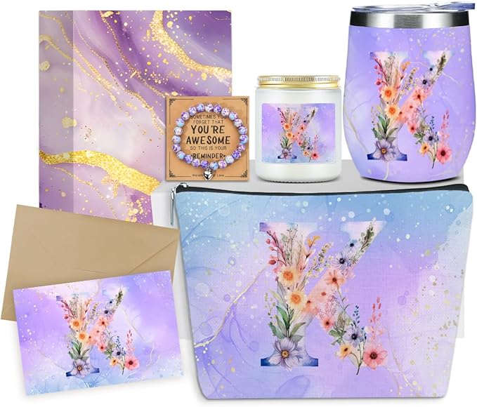 Personalized Gifts Monogrammed Birthday Gifts for Women, Soul Sister Bachelorette Party Wedding Christmas Initial Wine Tumbler Makeup Bag Scented Candle Bracelet Set, (Aesthetic Purple Flower K)