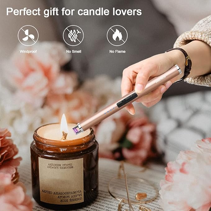 ARECTECH Rechargeable Electric Candle Lighter, Christmas Stocking Stuffers Gifts for Mom Men Wife, Arc Plasma Windproof Lighter for Candle Kitchen Birthday with Type-C Cable, Gold