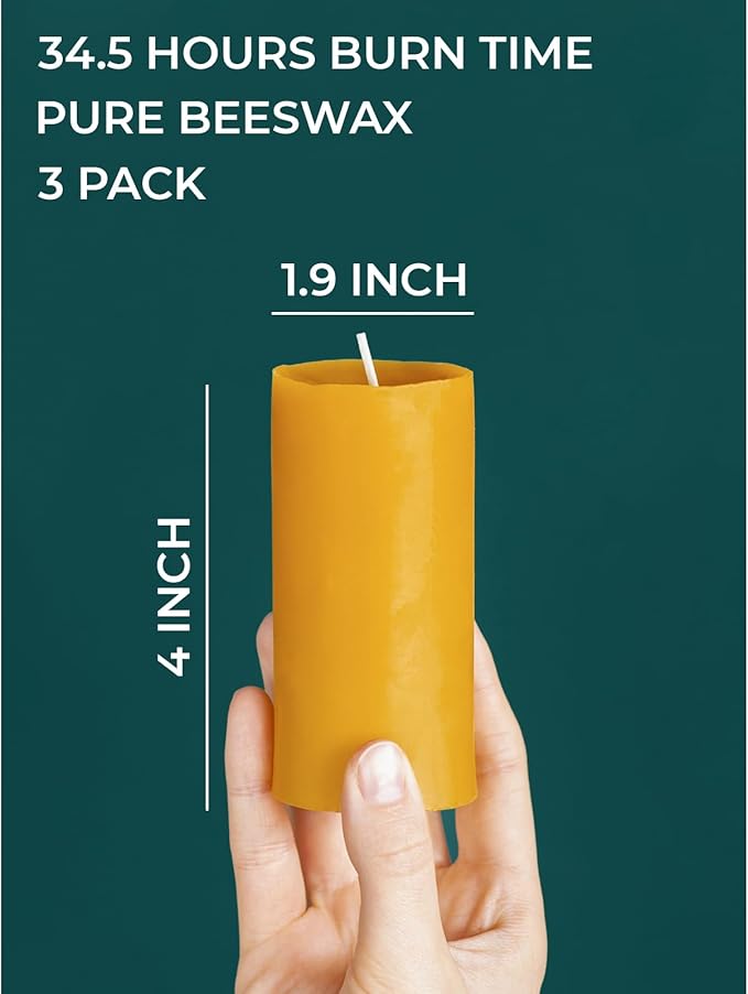 CANDWAX Pure Beeswax Pillar Candles 1.8x4 inch Set of 3-34.5 Hours Burning Handmade Yellow Candles - Smokeless Pure Bees Wax Candle Home Décor