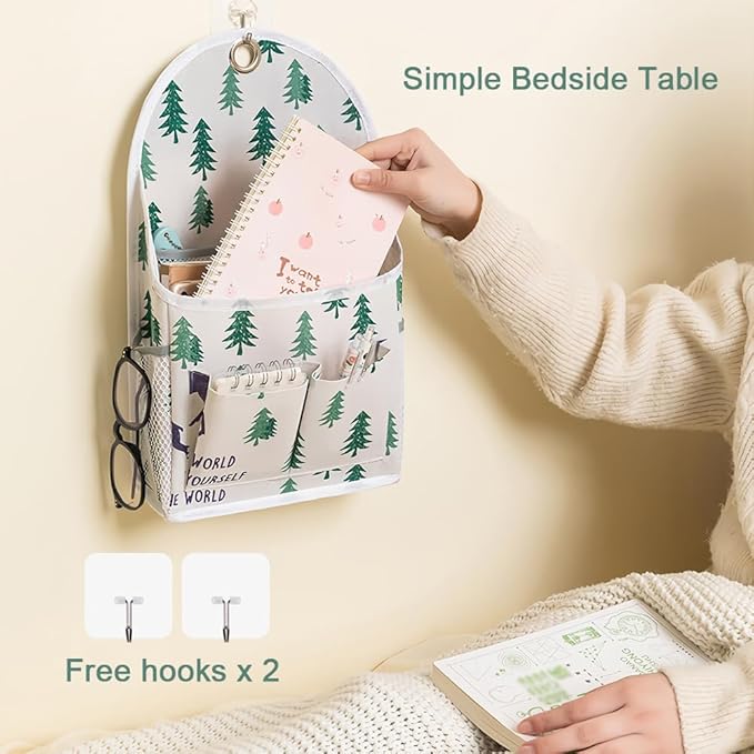 2 Pack Wall Hanging Storage Bag with Pocket, Fabric Organizer Basket with Sticky Hook, Over The Door Caddy Organizer Box for Closet Dormitory Bedroom Bathroom Kitchen (Forest + Pineapple)